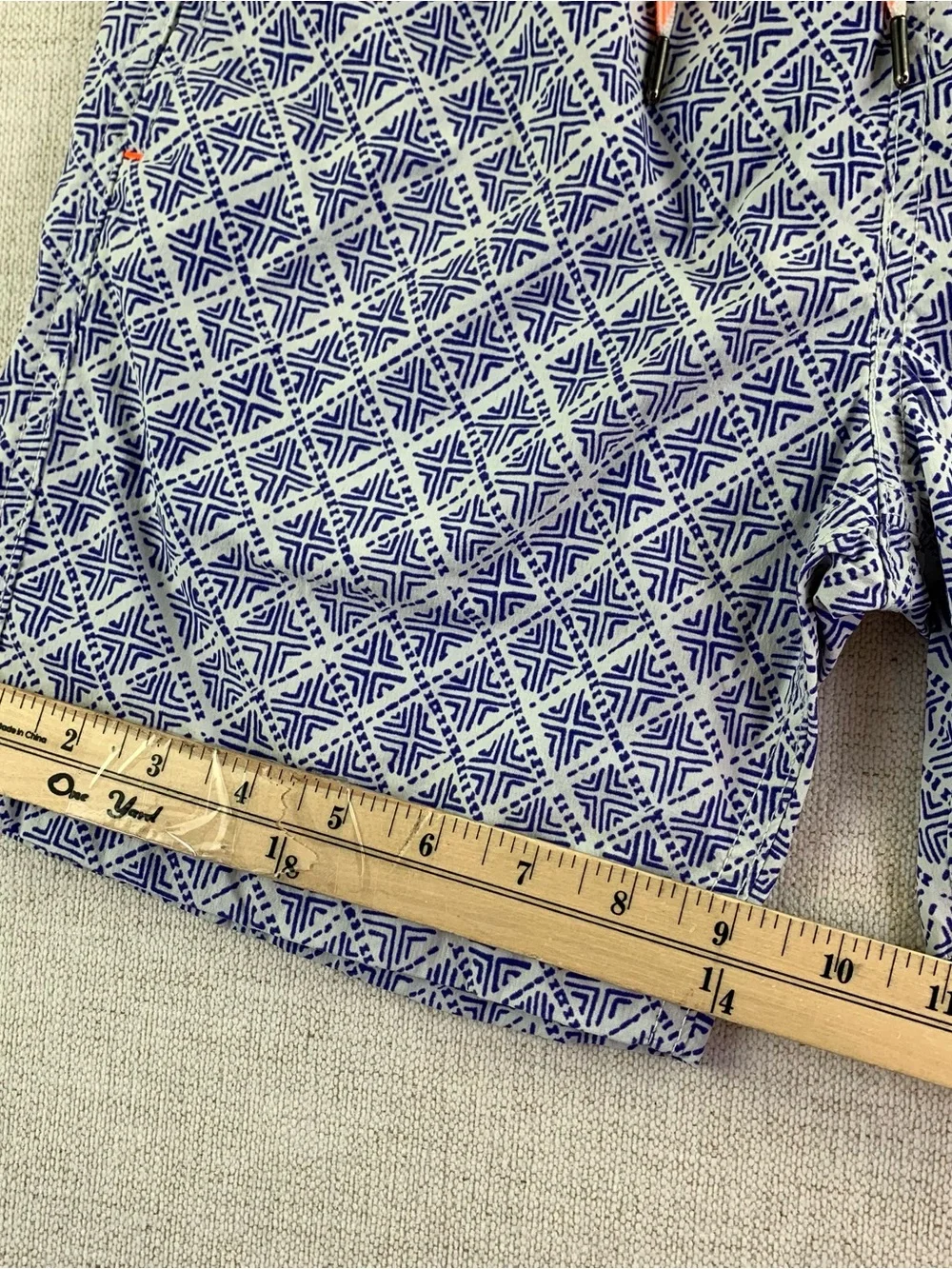 Crewcuts Blue Geometric Swim Trunks with Coral Drawstring